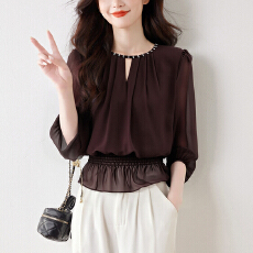 批发实拍<b class='q'>雪纺上衣</b>女长袖2026春季新款<b class='q'>收腰</b>显瘦荷叶边上衣气质通勤衬衣