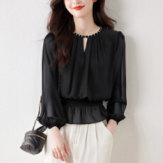 批发实拍<b class='q'>雪纺上衣</b>女长袖2026春季新款<b class='q'>收腰</b>显瘦荷叶边上衣气质通勤衬衣