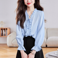 2026春秋V领白色衬衣女长袖百搭法式设计感小众上衣宽松通勤上衣