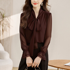 批发实拍 2026春新款蝴蝶结V领长袖雪纺衫女上衣洋气小衫<b class='q'>衬衫</b>打底百搭