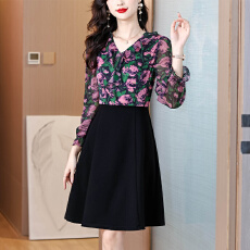 批发实拍 假两件<b class='q'>印花</b>长袖<b class='q'>连衣裙</b>女2026夏季新款气质荷叶边V领裙子