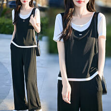 批发实拍 假两件撞色圆领短袖2026夏季新款百搭时尚<b class='q'>显瘦</b>套装女