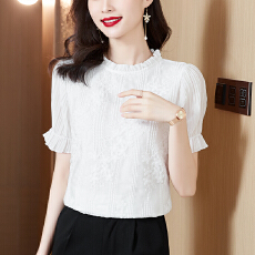 实拍 雪纺衬衫设计感新款2026衬衣夏泡泡袖上衣蕾丝衫女短袖