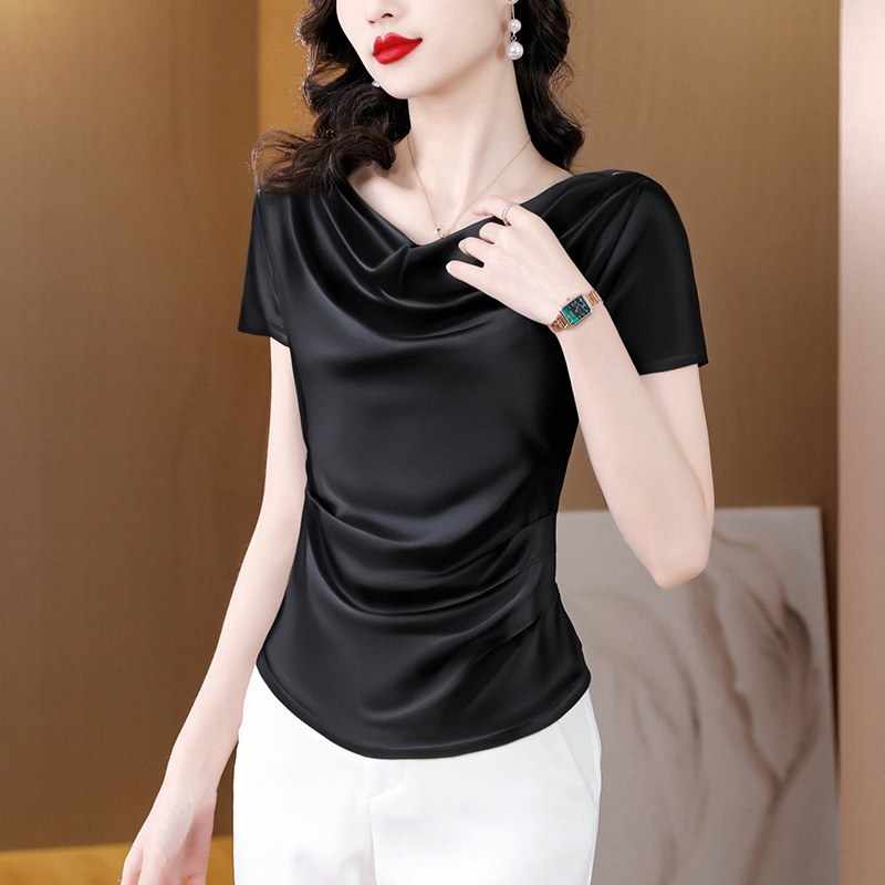 실사 프랑스식 검정색 오프숄더 흔들다 칼라 반팔 고급 센스 2025 여름 새로운 쇼트 스타일 꼬집기 허리 수축 맨위