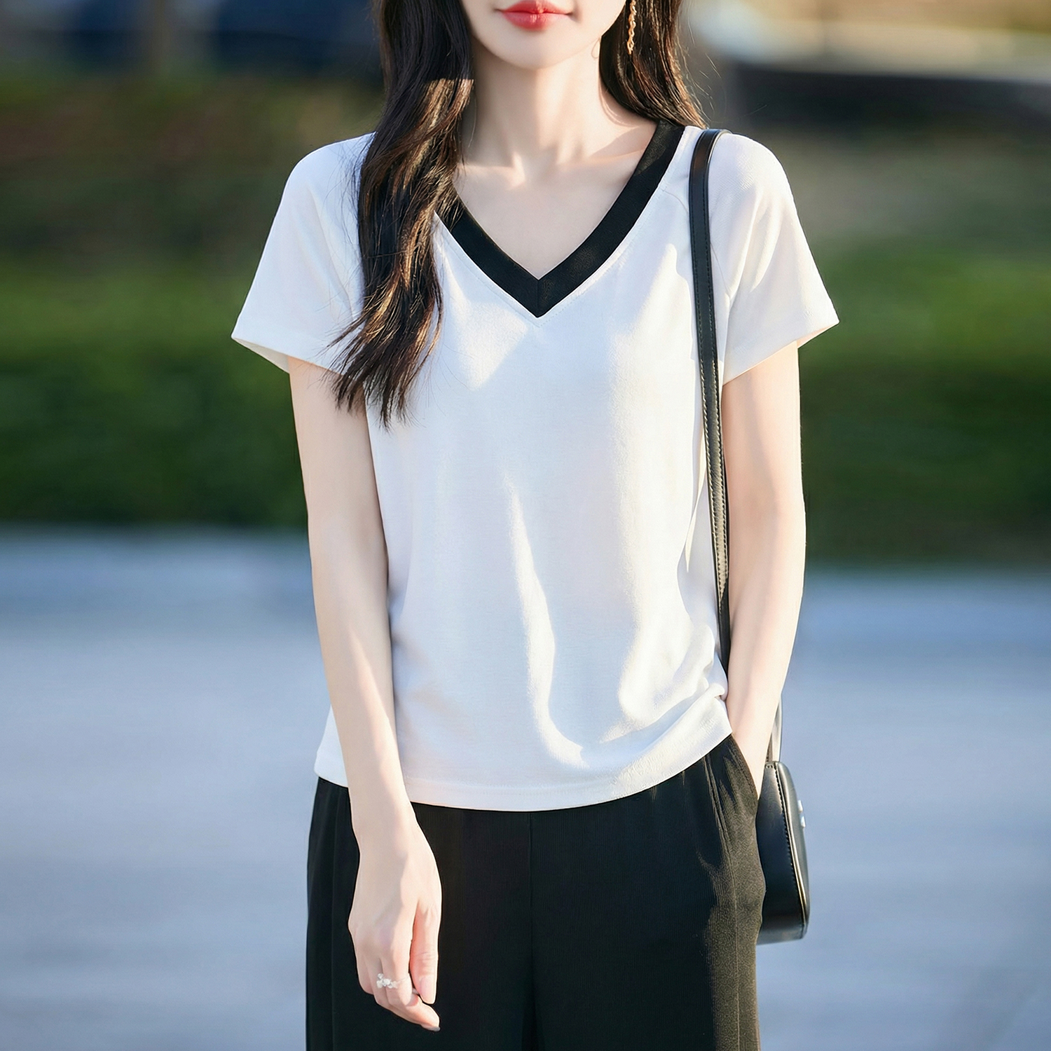 실사 순면 디자인 센스 패치워크 V넥 반팔 여성 2026 여름 새로운 캐주얼 동정 표지 배 슬림해 보이는 티셔츠 여성