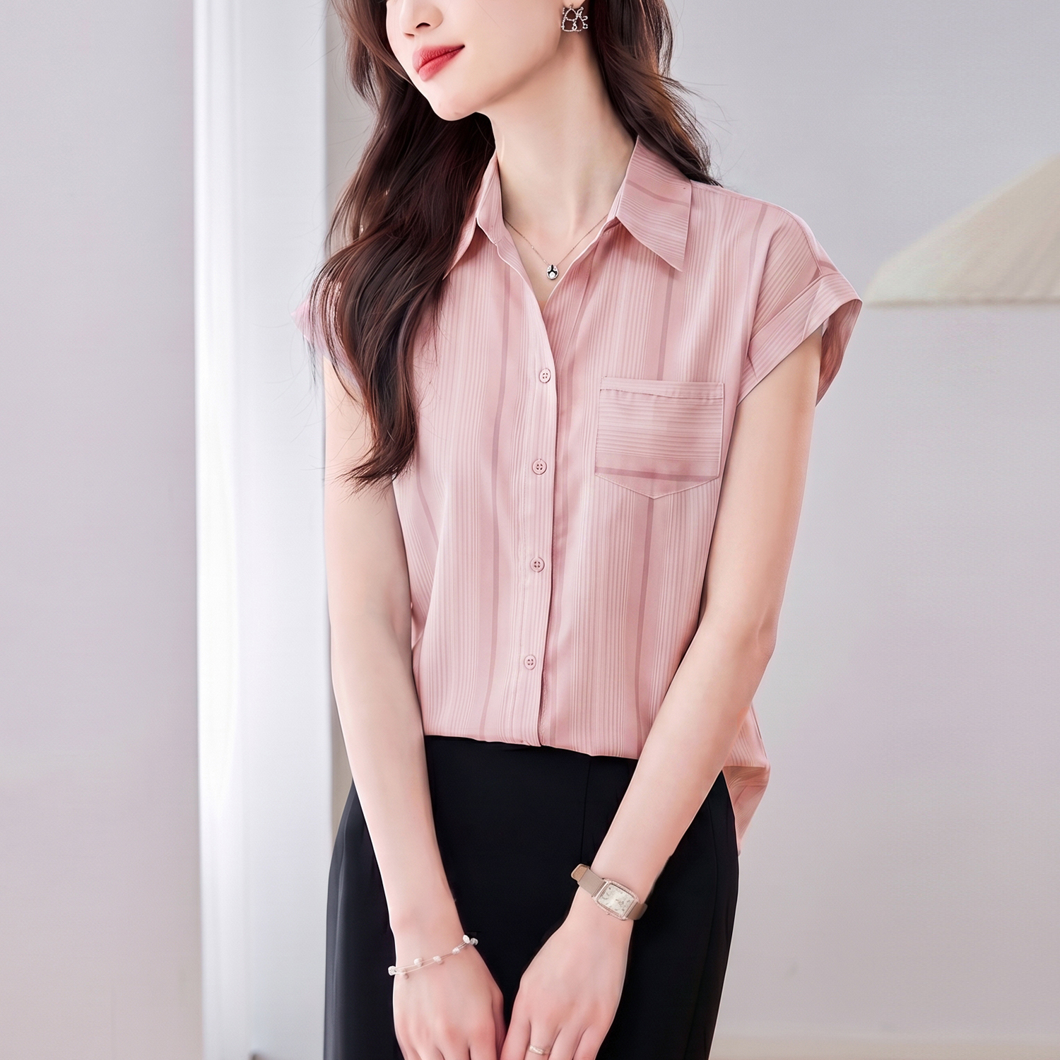 RY3613# 实拍港风复古短袖衬衫女20246夏季新款宽松显瘦上衣