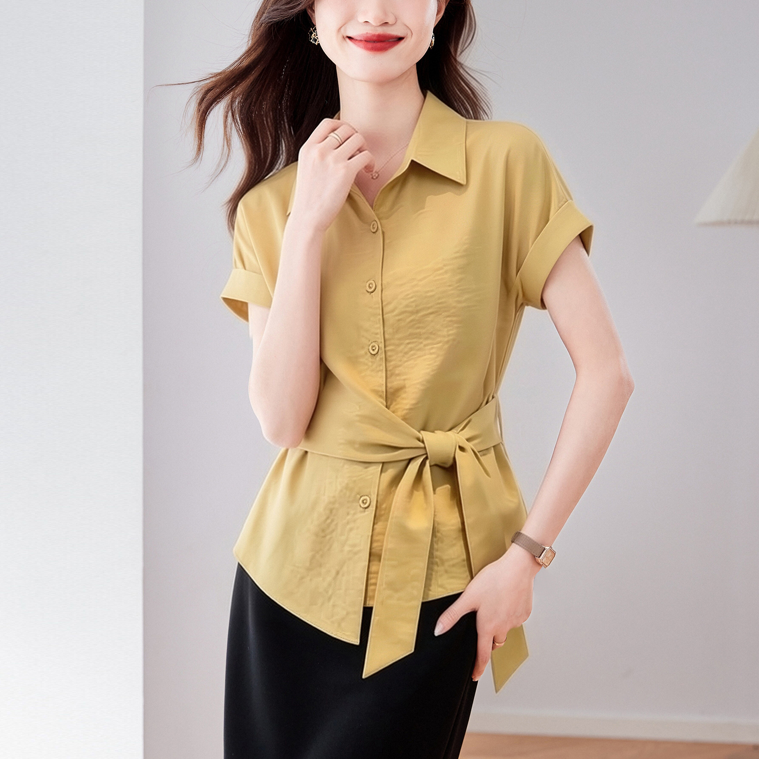 RY3614# 实拍独特漂亮气质黄色收腰短袖衬衫2026夏季新款休闲百搭显...