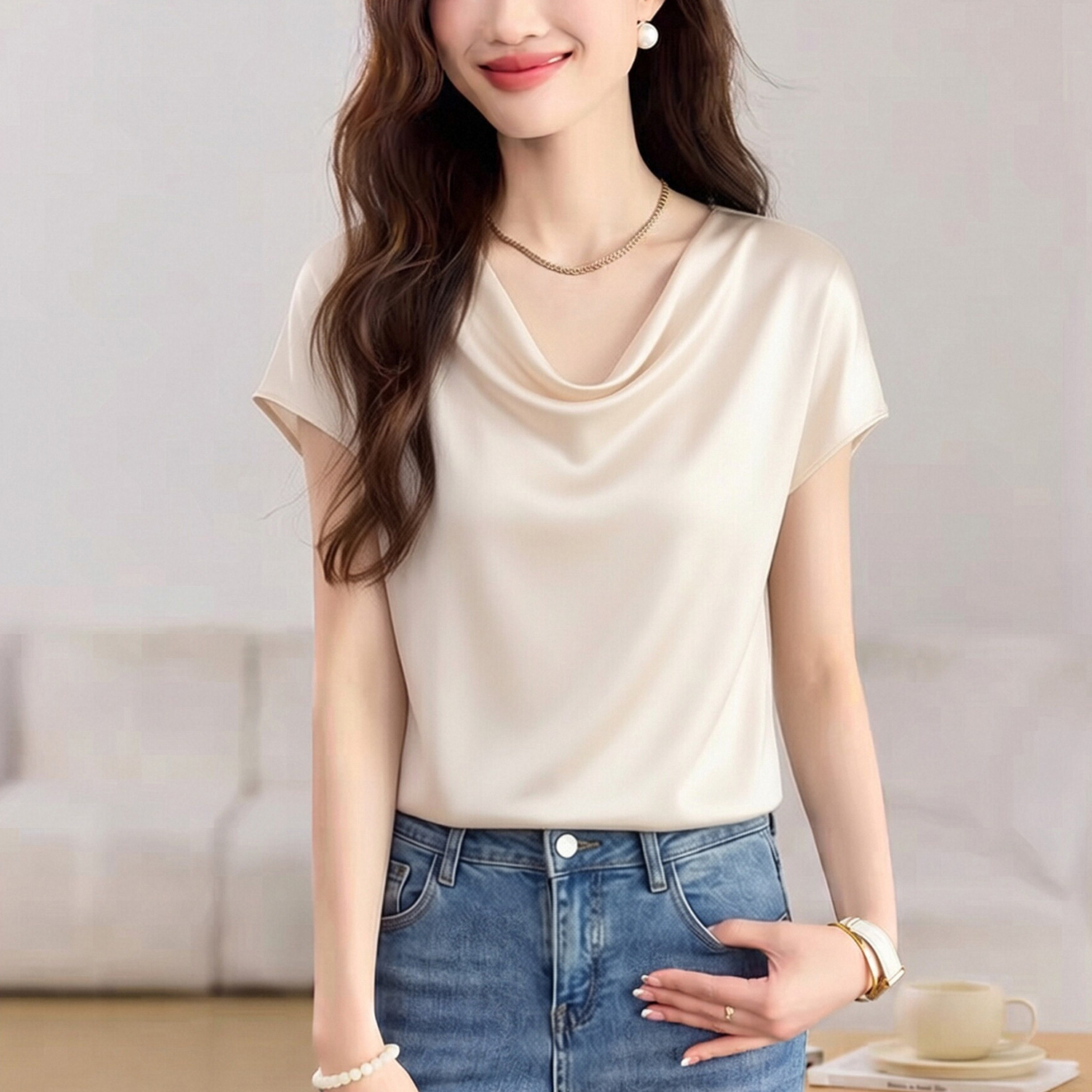 실사 2026 새로운 우아함 바람 흔들다 칼라 반팔 맨위 여성 샴페인 다용도 고급 센스 출퇴근 품격 맨위