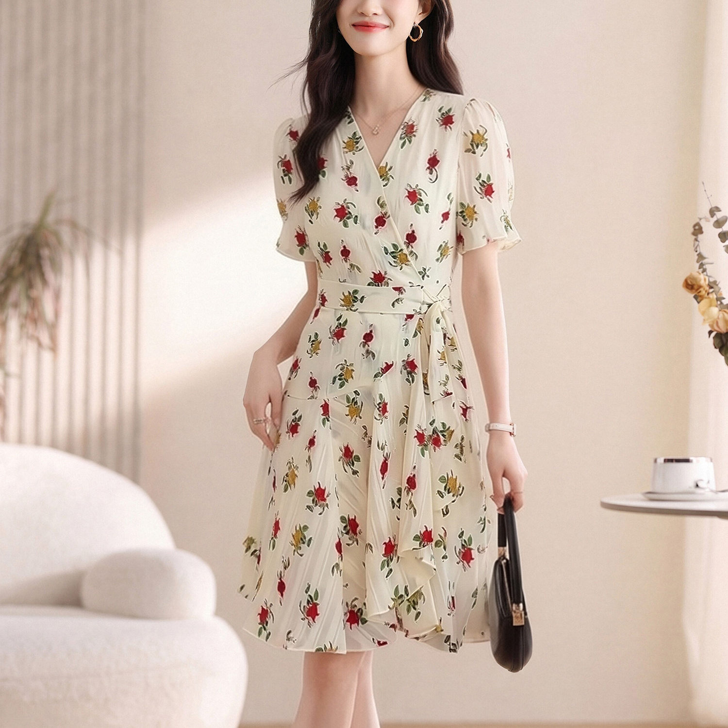 실사 2026 여름 새로운 여성 드레스 디자인 센스 허리 수축 슬림해 보이는 V넥 반팔 차 휴식 중 롱 스커트 여성