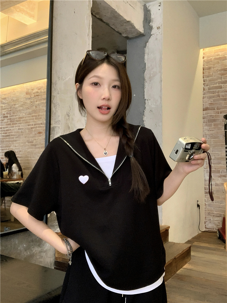실사 지방 mm 학원 스타일 빅 사이즈 페이크 레이어드 해군 칼라 슬림해 보이는 맨위 반바지 세트