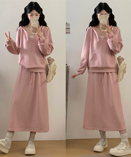 실사 지방 mm 가을 새로운 연령 감소 빅 브이 넥 후드 슬림해 보이는 표지 고기 후드티 반 스커트 세트