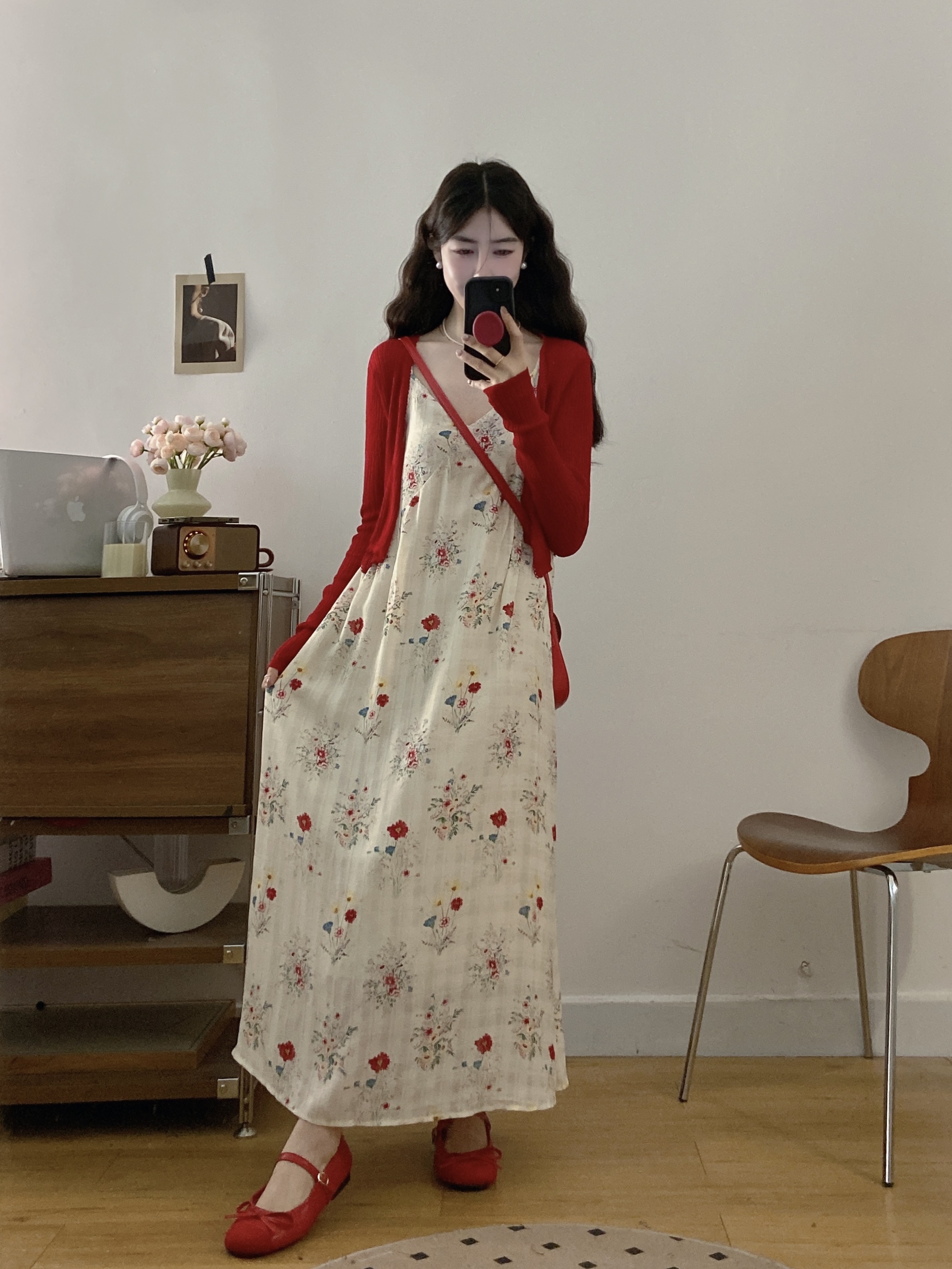 실사 여름 프랑스식 부드러운 바람 품격 V넥 꽃무늬 슬립 빅 사이즈 드레스 부드러운 찹쌀 얇은 스타일 니트 오픈 가디건