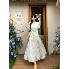 批发实拍夏季法式设计感温柔风短袖<b class='q'>T</b><b class='q'>恤</b>+刺绣碎花半身裙大码两件套装