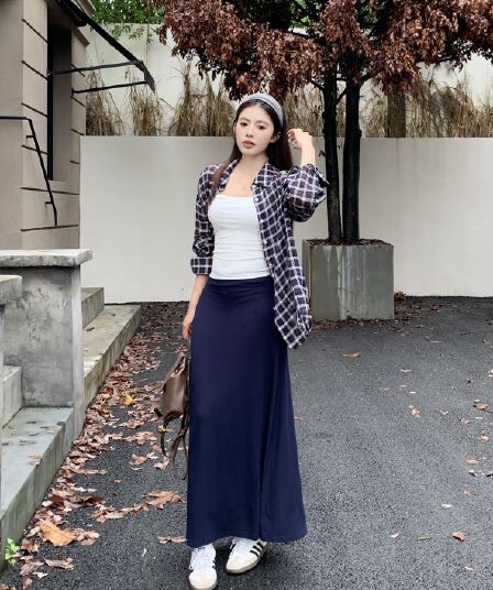 실사 새로운 몸매 가꾸기 슬림해 보이는 캐미솔 체크무늬 루즈핏 긴팔 셔츠 패션 반신 스커트 빅 사이즈 세트
