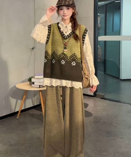 실사 가을 겨울 빅 사이즈 레트로 다용도 스웨터 조끼 베스트 디자인 센스 레이스 셔츠 루즈핏 캐주얼 긴 바지