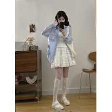 批发实拍新款修身显瘦吊带衫+蕾丝拼接开衩衬衫+时尚半身裙大码套装