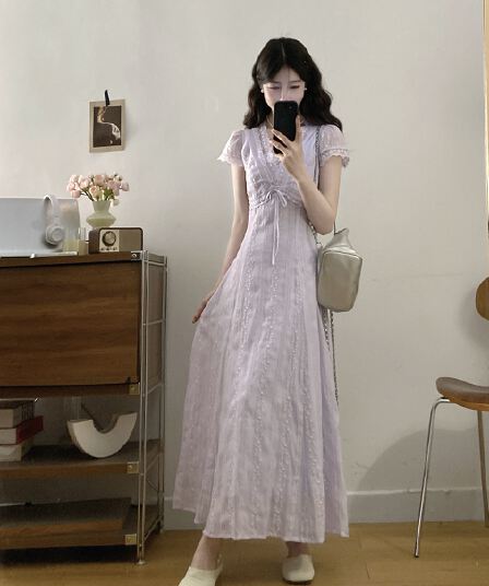 실사 여름 새로운 부드러운 바람 자수 패션 품격 V넥 반팔 허리 수축 슬림해 보이는 빅 사이즈 롱 코트 드레스