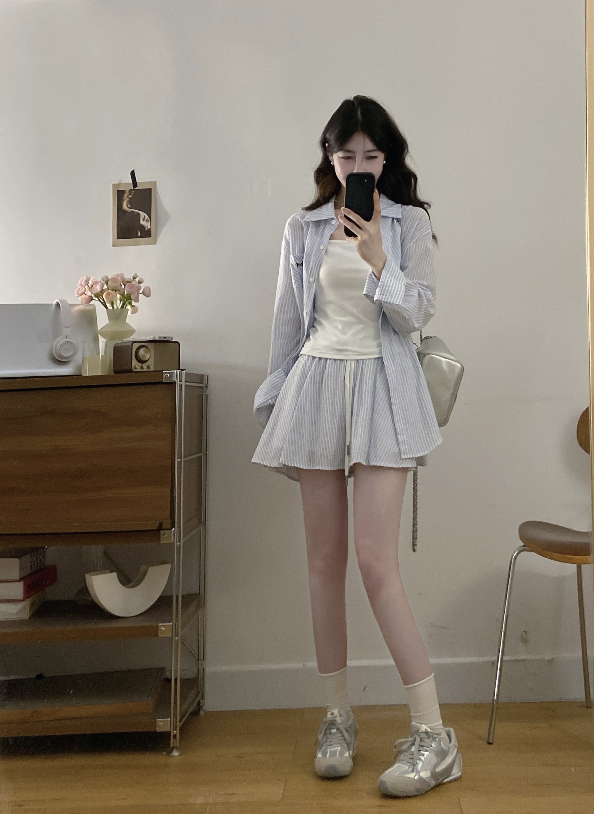실사 여름 새로운 몸매 가꾸기 슬립 바다 소금 코튼 얼음 스트라이프 긴팔 셔츠 반신 스커트 빅 사이즈 세트