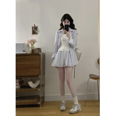 批发实拍夏季<b class='q'>新款</b>修身吊带+海盐绵绵冰条纹长袖衬衫<b class='q'>半身裙</b>大码套装