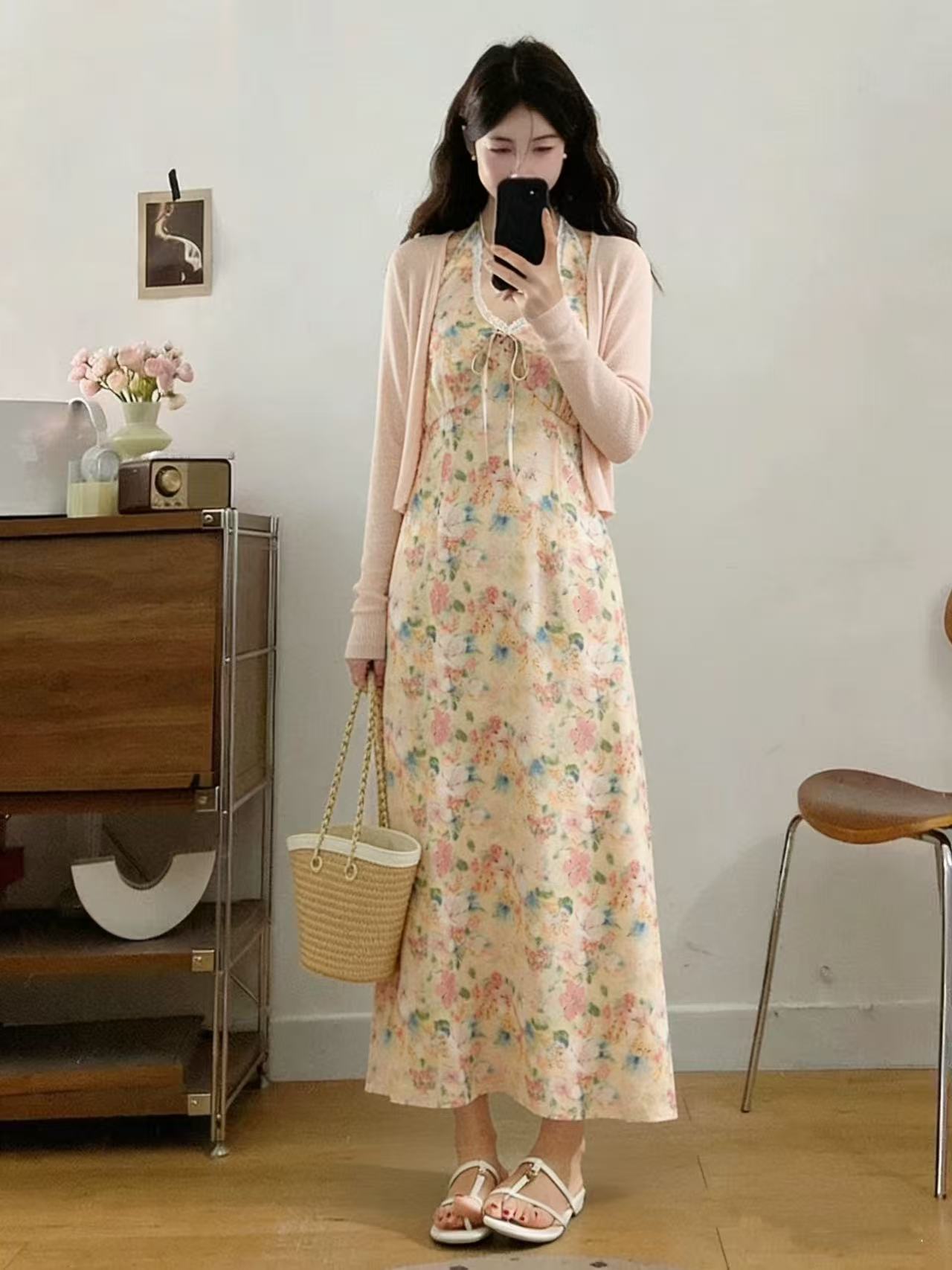한 부서 슬림해 보이는 낭만주의 휴가 행침 목 V넥 꽃무늬 빅 사이즈 드레스 따뜻한 부드럽다 찹쌀 니트 오픈 가디건