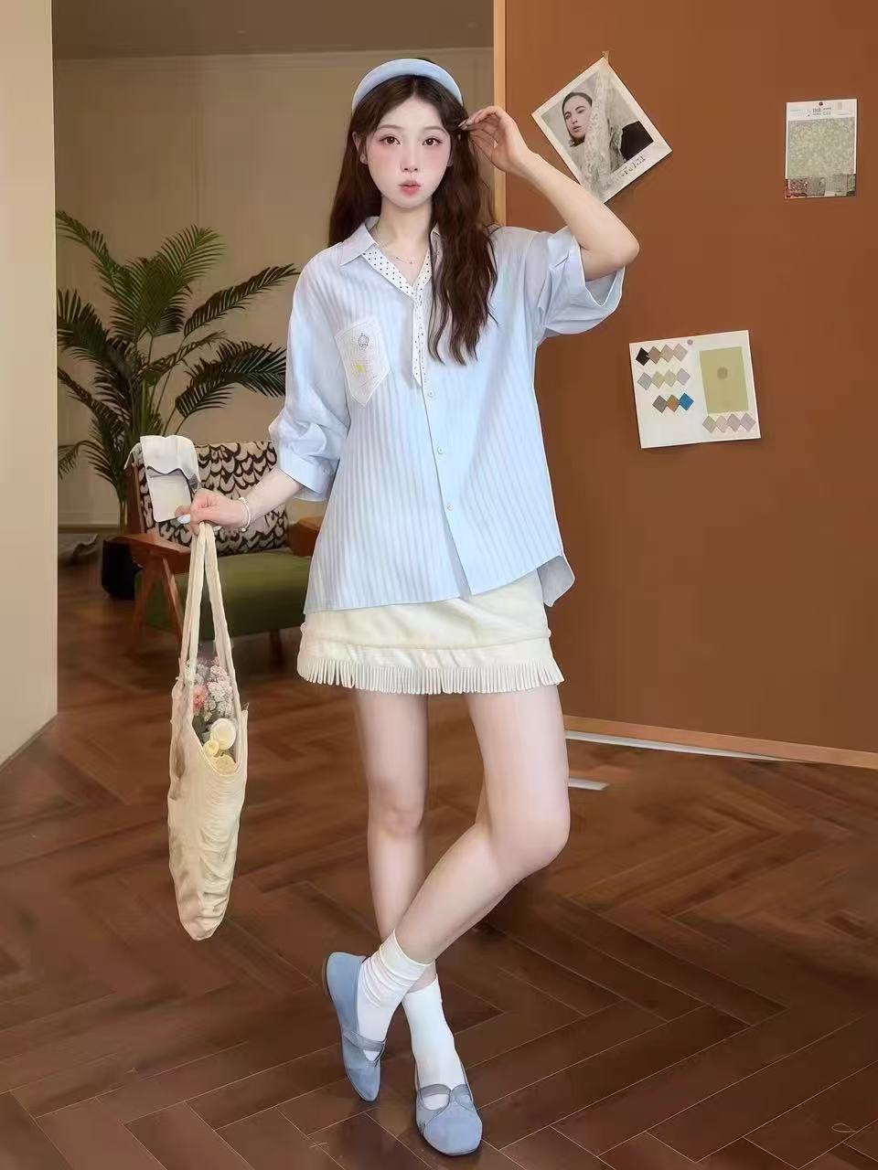 레트로 신선함 바람 작은 대중 패션 스트라이프 통기성 다용도 셔츠 빅 사이즈 마이크로 지방 반팔 맨위