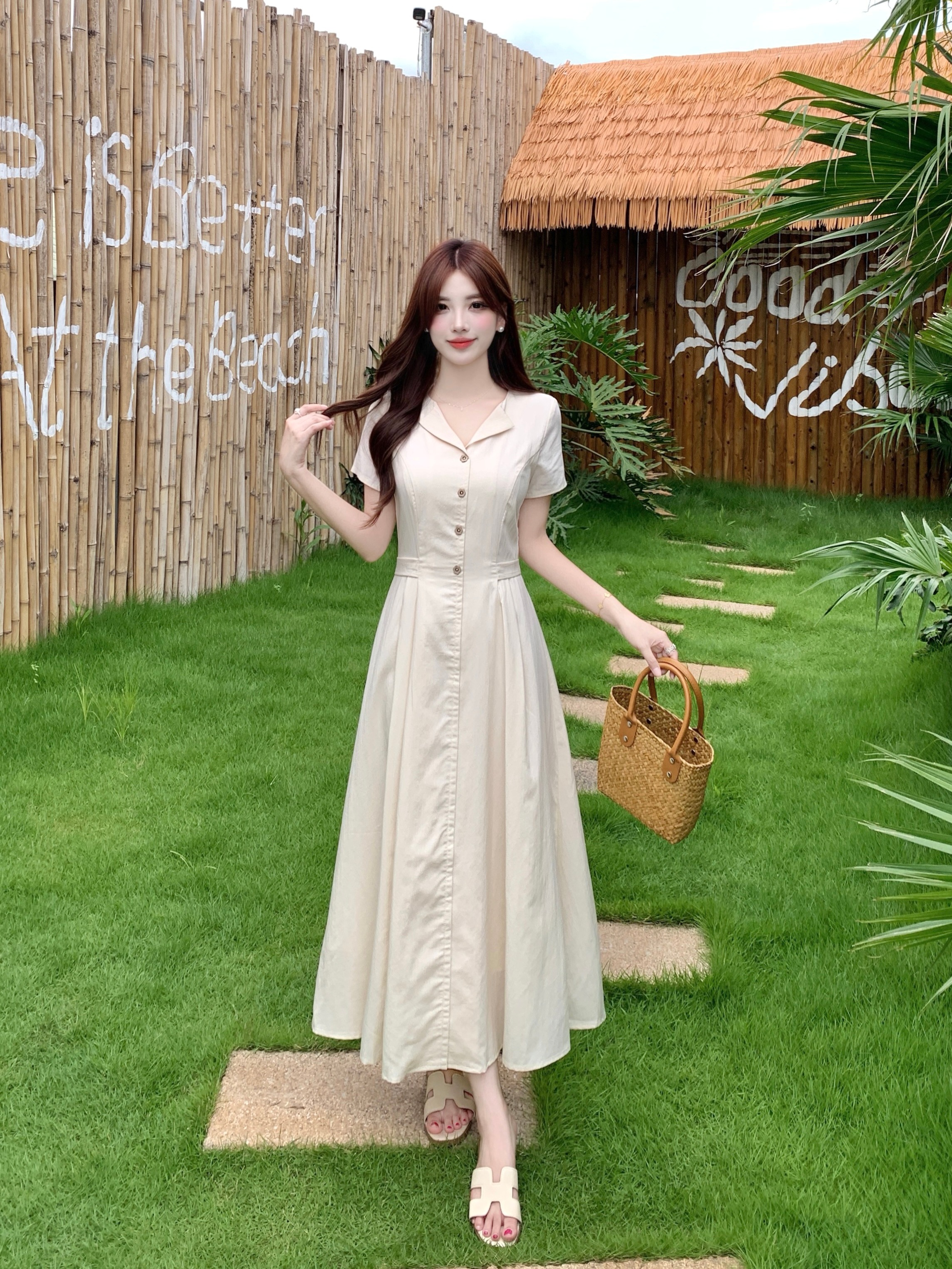 실사 2026 여름 외국 가스 프랑스식 품격 작은 V넥 고급 센스 허리 수축 슬림해 보이는 빅 사이즈 드레스
