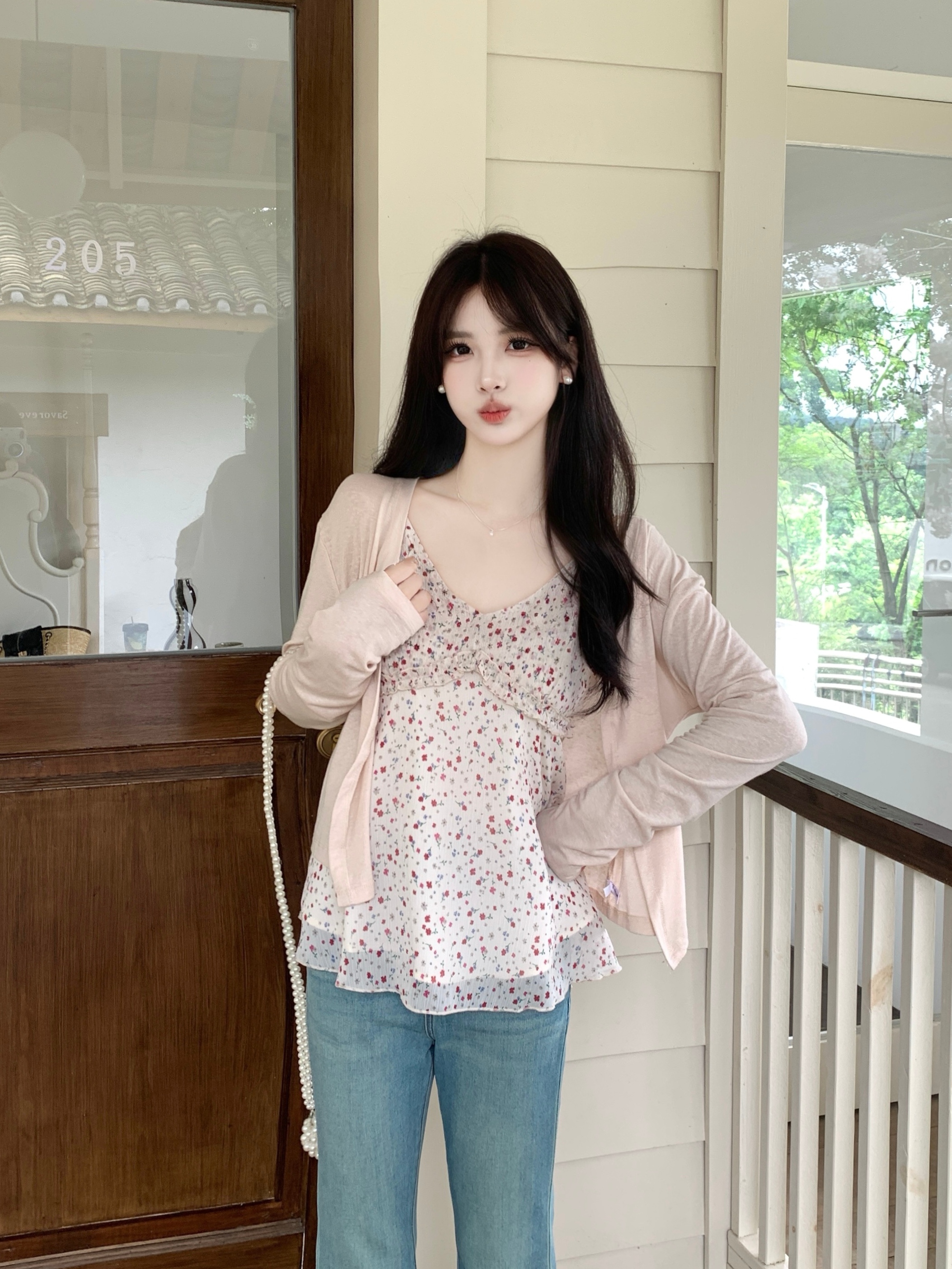 실사 새로운 한 부서 V넥 꽃무늬 슬립 부드러운 찹쌀 다용도 몸매 가꾸기 슬림해 보이는 니트 오픈 가디건