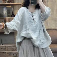 批发2026夏季新款做旧手工缝线半开盘扣宽松百搭圆领休闲套头上衣