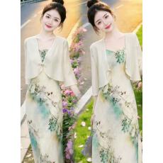 批发新中式女装轻国风复古油画吊带连衣裙搭配盘扣防晒空调开衫两件套