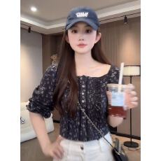 批发女装春季2026新款露肩<b class='q'>上衣</b>春秋蓝色碎花长袖衬衫