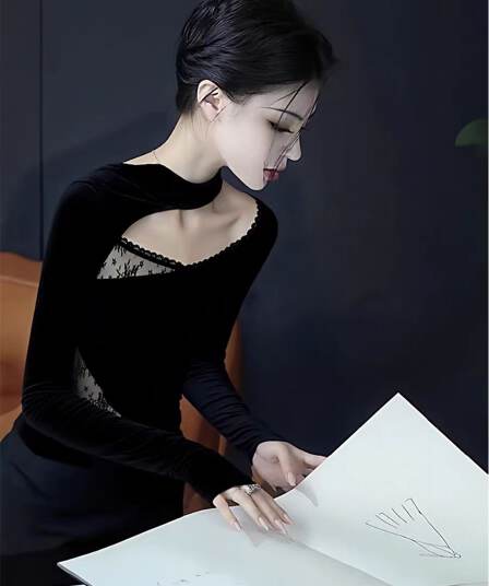 가을 겨울 레이스 조각 불규칙 홀로우 아웃 기본 셔츠 여성 인사이드 가져 가라. 순수한 욕망 달콤한 핫걸 오프숄더 긴팔 티셔츠 맨위