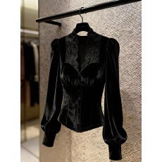 批发法式高级感黑色蕾丝拼接泡泡袖<b class='q'>衬衫</b>女秋冬高级感气质收腰丝绒上衣
