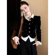 法式轻熟风气质绝美上衣高级感小众不撞款黑色钉珠丝绒拼接上衣女