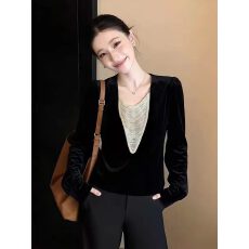 批发黑色丝绒衬衫女2026新款春季重工串珠链条高级感轻奢减龄洋气上衣