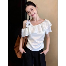 批发斜领荷叶边短袖T恤女夏季设计感修身欧货钉珠上衣洋气短袖小衫<b class='q'>潮</b>