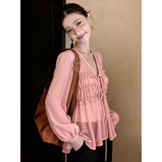 批发法式时尚温柔风长袖上衣女春夏季2026新款高级感气质修身百搭上衣