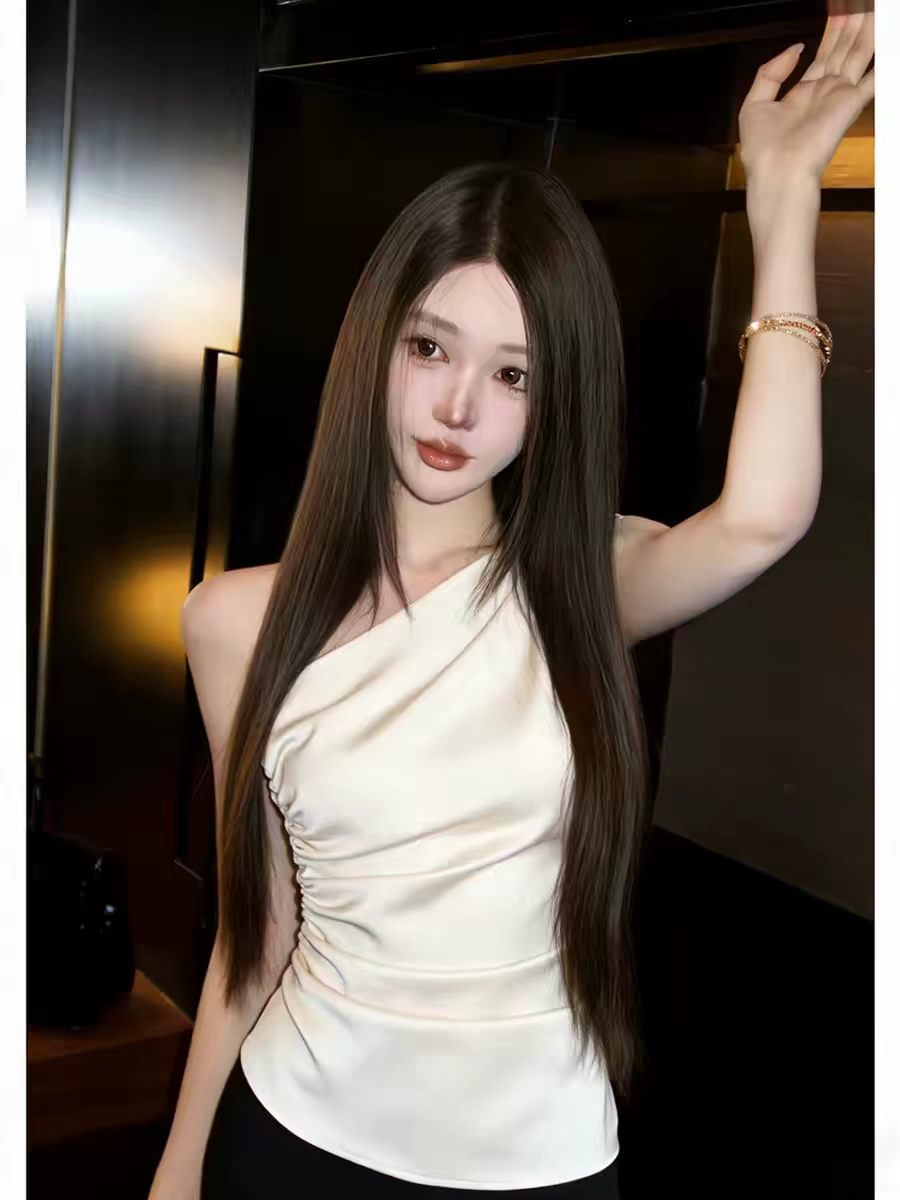 프랑스식 빛 럭셔리 비스듬한 칼라 펌프 Pleat 오프숄더 민소매 인사이드 가져 가라. 여름 아름다운 품격 감기 센스 명문 여성 외출용 맨위 여성