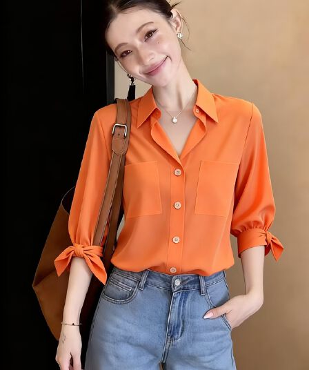 여름 새로운 고유 한 Chic POLO 칼라 아름다운 맨위 디자인 센스 작은 대중 도파민 주황색 반소매 여성 셔츠