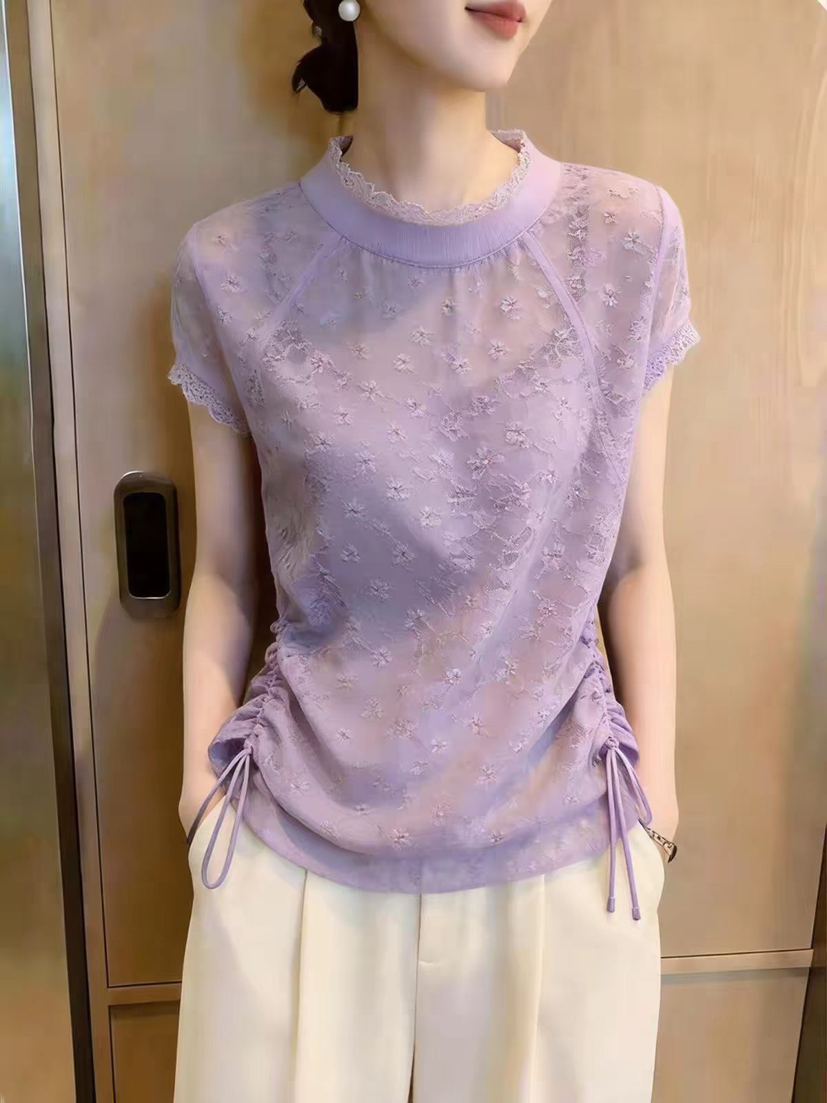 BY28603# 短袖蕾丝上衣女夏通勤风抽绳束腰显瘦百搭上衣超好看时尚上衣 服裝批發女裝批發服飾貨源