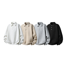 批发秋季新款卫衣男日系重磅简约纯版长袖POLO衫情侣款T翻领宽松版型