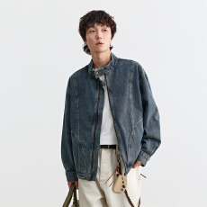 批发秋款美式<b class='q'>潮牌</b>复古水洗拉链立领牛仔夹克男女ins潮流百搭外套