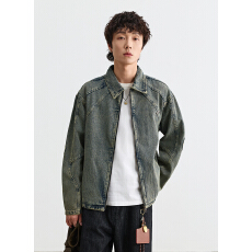 批发秋装美式日系牛仔<b class='q'>夹克</b>痞帅潮牌重磅拉链款百搭复古经典外套<b class='q'>男</b>