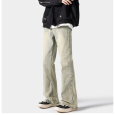 批发美式复古黄泥微喇牛仔裤男女款秋冬季高街vibe裤子<b class='q'>修身</b>直筒裤