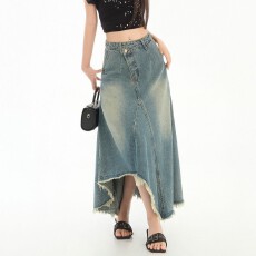 批发实拍#大码女装韩式复古<b class='q'>不规则</b>设计感牛仔<b class='q'>半身裙</b>女新款做旧a字长裙