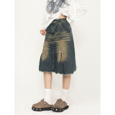 批发大码女装美式复古牛仔半身裙女新款褶皱设计感小众高腰a字裙官图