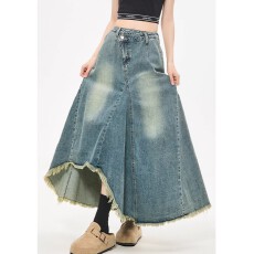 批发大码女装韩式复古不规则设计感牛仔半身裙女新款做旧a字长裙