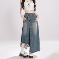 批发大码女装韩式复古不规则设计感牛仔半身裙女新款做旧a字长裙