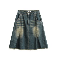 批发大码女装美式复古牛仔半身裙女新款褶皱设计感小众高腰a字裙官图