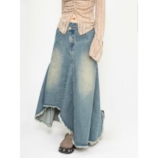 批发大码女装韩式复古不规则设计感牛仔半身裙女新款做旧a字长裙