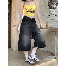 批发实拍夏季新款美式复古高腰宽松直筒阔腿裤女百搭拽酷<b class='q'>七分</b>牛仔裤子